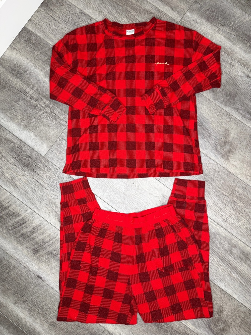 PINK Victoria's Secret Women’s 
Red and Black Buffalo Plaid Pajama Set